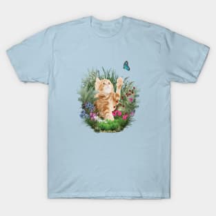 Ginger kitten playing with a blue butterfly T-Shirt